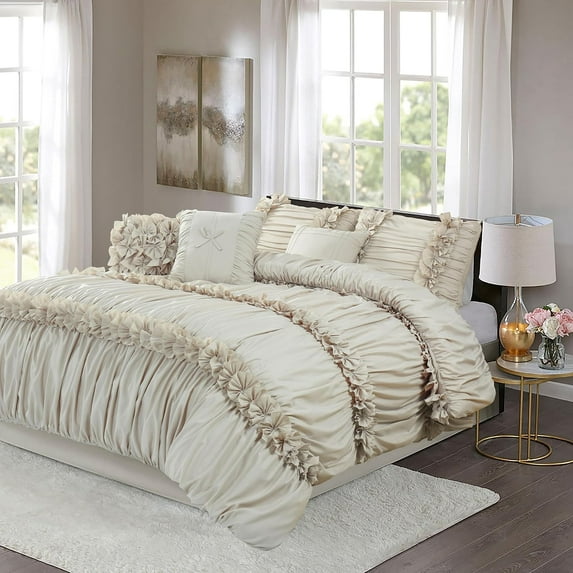 7 Pieces Elegant French Country Comforter Sets Full Size, Camel Handmade Bow Tie Fluffy Bed in a Bag with Down Alternative Filling, Vintage Ruched Bed Sets for Bedroom (LQ-33)
