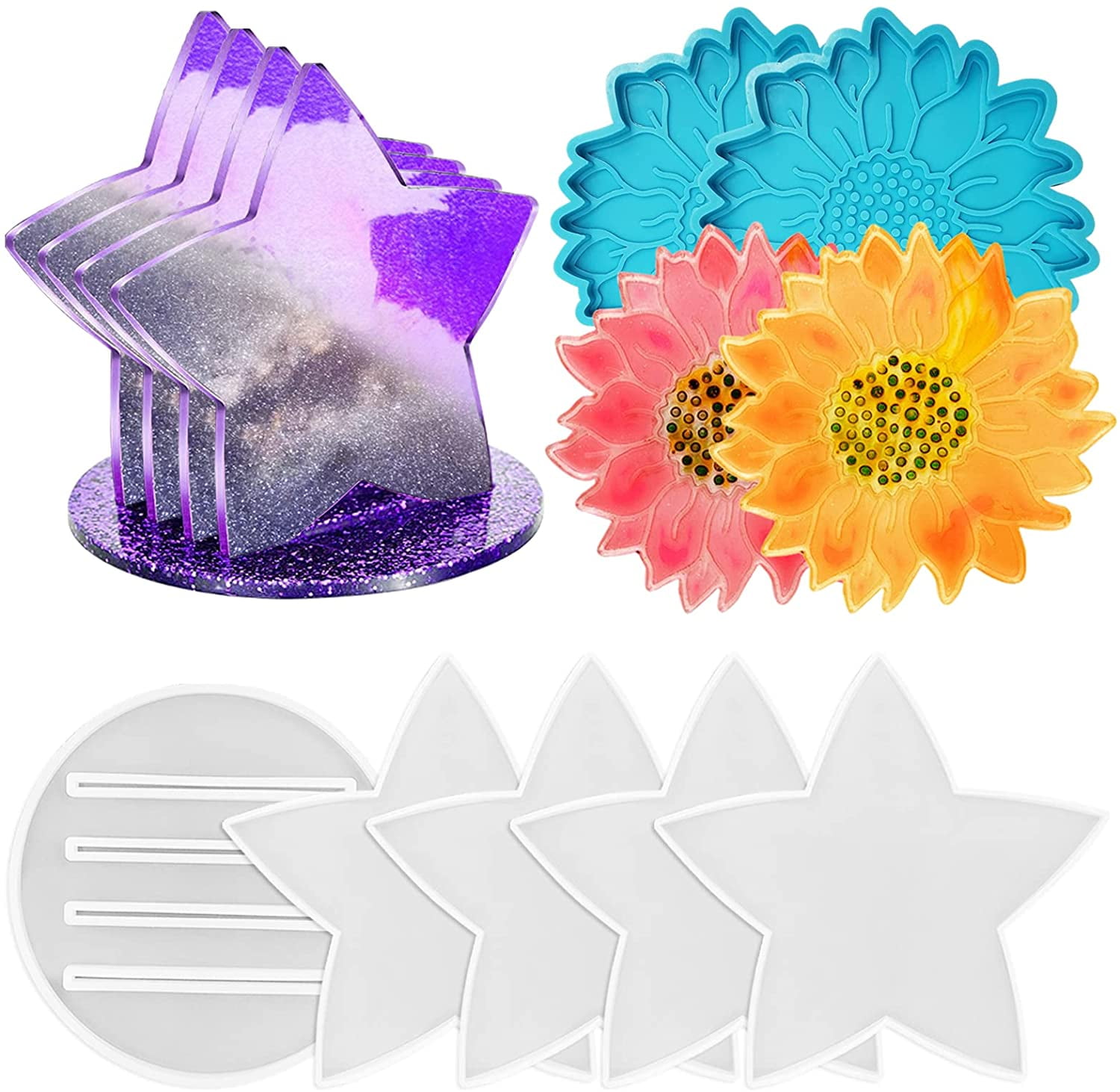 7 Pieces Epoxy Resin Casting Coaster Molds, DaKuan 2 Pieces Sun Flower Coaster Molds, 4 Pieces Star Coaster Molds and 1 Pieces Coaster Stand Storage Mold