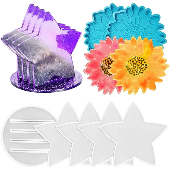 7 Pieces Epoxy Resin Casting Coaster Molds, DaKuan 2 Pieces Sun Flower Coaster Molds, 4 Pieces Star Coaster Molds and 1 Pieces Coaster Stand Storage Mold