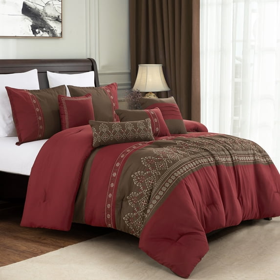 7-Pieces Esyllt Brown and Burgundy Comforter Set, Embroidery Bedding Set - Queen Size