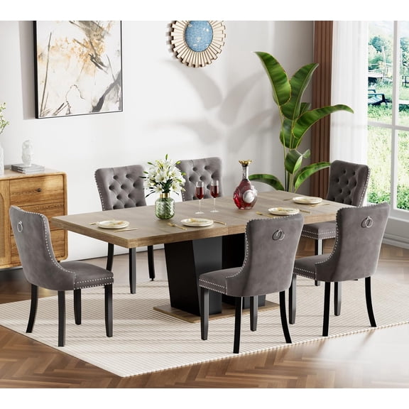 7 Pieces Extendable Dining Table Set for 6, 63"-79" Rectangle Dining Room Table and 6 Grey Tufted Chairs Set for 6, Modern Large Expandable Kitchen Table with Black Double Columns Base