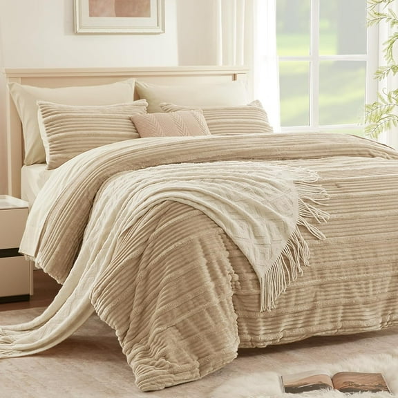 7 Pieces Fluffy Queen Comforter Set, Beige Fleece Striped Bedding Set, Soft & Warm Bed Set, All Season Bed in a Bag Set with 1 Comforter, 2 Pillow Shams, 2 Pillowcases, 1 Flat Sheet, 1 Fitted Sheet