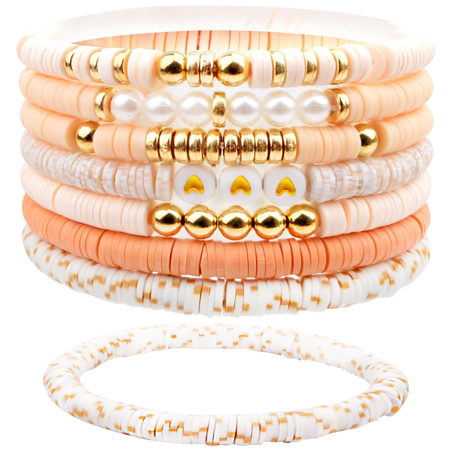 String Bracelet Stack 7 Pieces Friendship Bracelets Trendy Heishi Clay Bead Stack Golden ...