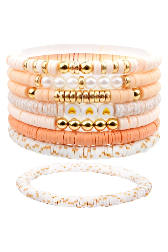 7 Pieces Friendship Bracelets Trendy Heishi Clay Bead Stack Golden Colorful Beaded Disc Pearls Stretch Boho Stackable Elastic Layering Bracelet Jewelry Bulk for Women Summer Beach