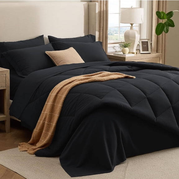 7 Pieces Full Comforter Set Premium Series, Hotel Luxury Soft Bed in a Bag, Goose Down Alternative, Safe for Sensitive Skin Bedding Comforter All Season Medium Warmth, Black Full Size