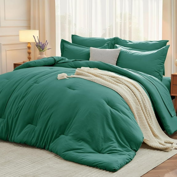 Emerald Green 7 Piece Full Size Comforter Set, All Season Bed in a Bag with Comforter Flat Sheet Fitted Sheet Pillowcases Shams, Soft Bedding Ensemble