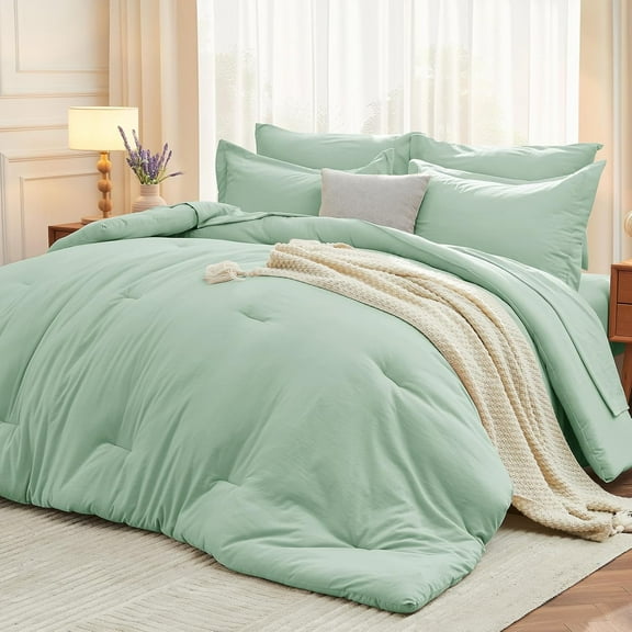 7 Pieces Full Comforter Set, Soft Bed in a Bag Full Size, All Season Bedding Set with Comforter, Flat Sheet, Fitted Sheet, Pillowcases & Shams, Sage Green