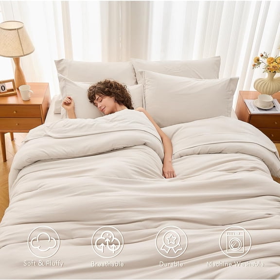 7 Pieces Full Comforter Set Soft Bed in a Bag All Season Beige