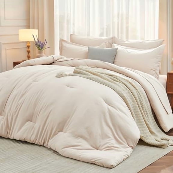 7 Pieces Full Comforter Set, Soft Bed in a Bag Full Size, All Season Bedding Set with Comforter, Flat Sheet, Fitted Sheet, Pillowcases & Shams, Beige