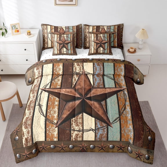 7 Pieces Full Size Western Texas Star Comforter Set,Vintage Wooden Plank Bedding Set,Rustic Farmhouse West Cowboy Brown Retro(Comforter+Fitted+Flat Sheet+2 Pillowcases+2 Throw Pillow Covers)