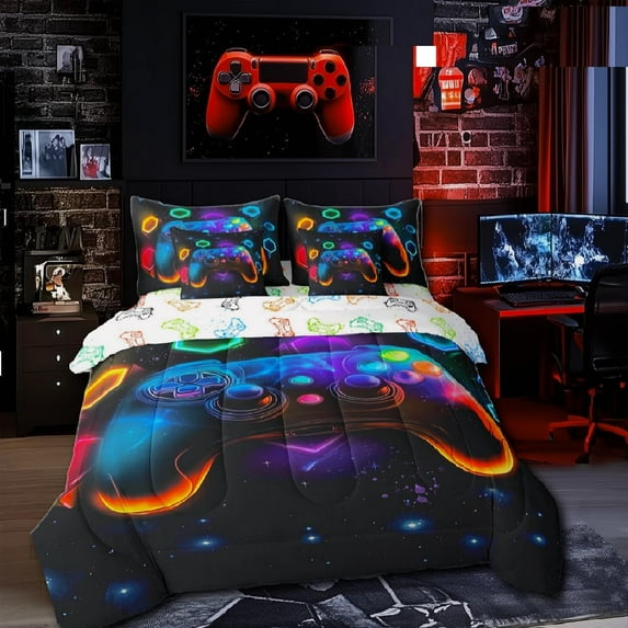 7 Pieces Gaming Bedding Set King Size,Space Glow Geometry Room Decor (Gamepad Reversible)