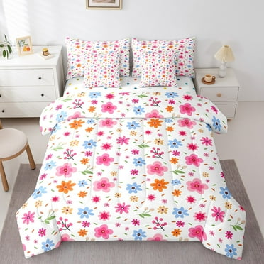 7 Pieces Pink Floral Twin Size Comforter Set Blue Orange Flower Bedding Comforter Sets, Girly Dreamy Bedding Set Colorful Polka Dots Reversible Bed in a Bag, Botanical Plants Bedding Sets