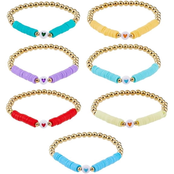 7 Pieces Gold Beaded Bracelet Colorful Polymer Clay Disc Beaded Bracelet Heart Love Charms Bracelets Dainty Friendship Bracelets Birthday Gifts for Woman Friends for diy