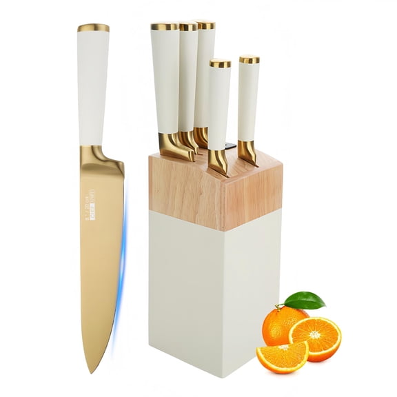 7 Pieces Gold Titanium Coated Kitchen Knife Set with White Wood Block and Built-In Sharpener, Ultra Sharp Stainless Steel Chef Knives for Kitchen Decor and Accessories (White)
