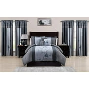 CHEZMOI COLLECTION 7-Pieces Gray Blue Embroidered Floral Bed in a Bag Comforter Set, California King