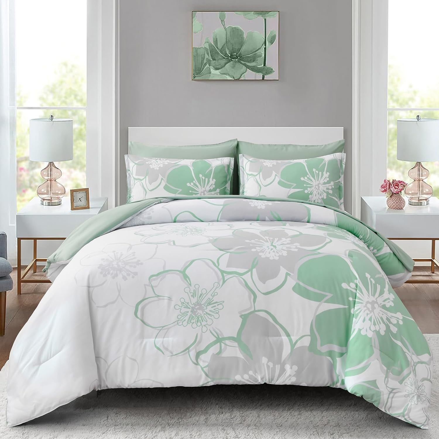 7 Pieces Green Floral Comforter Set Queen Size, Reversible Bed in a Bag