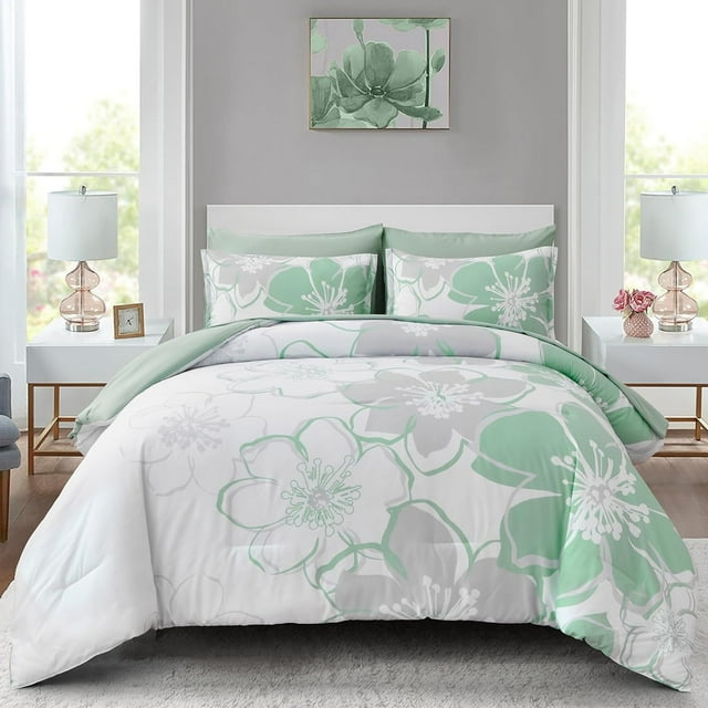 7 Pieces Green Floral Comforter Set Queen Size, Reversible Bed in a Bag ...