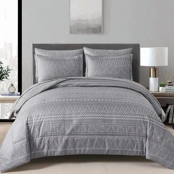 7 Pieces Grey Boho Comforter Set King SizeDark Grey Texture Geometric Bed in a Bag Comforter Reversible Soft Microfiber Bedding Set with Pillowcases Shams Flat Sheet Fitted Sheet