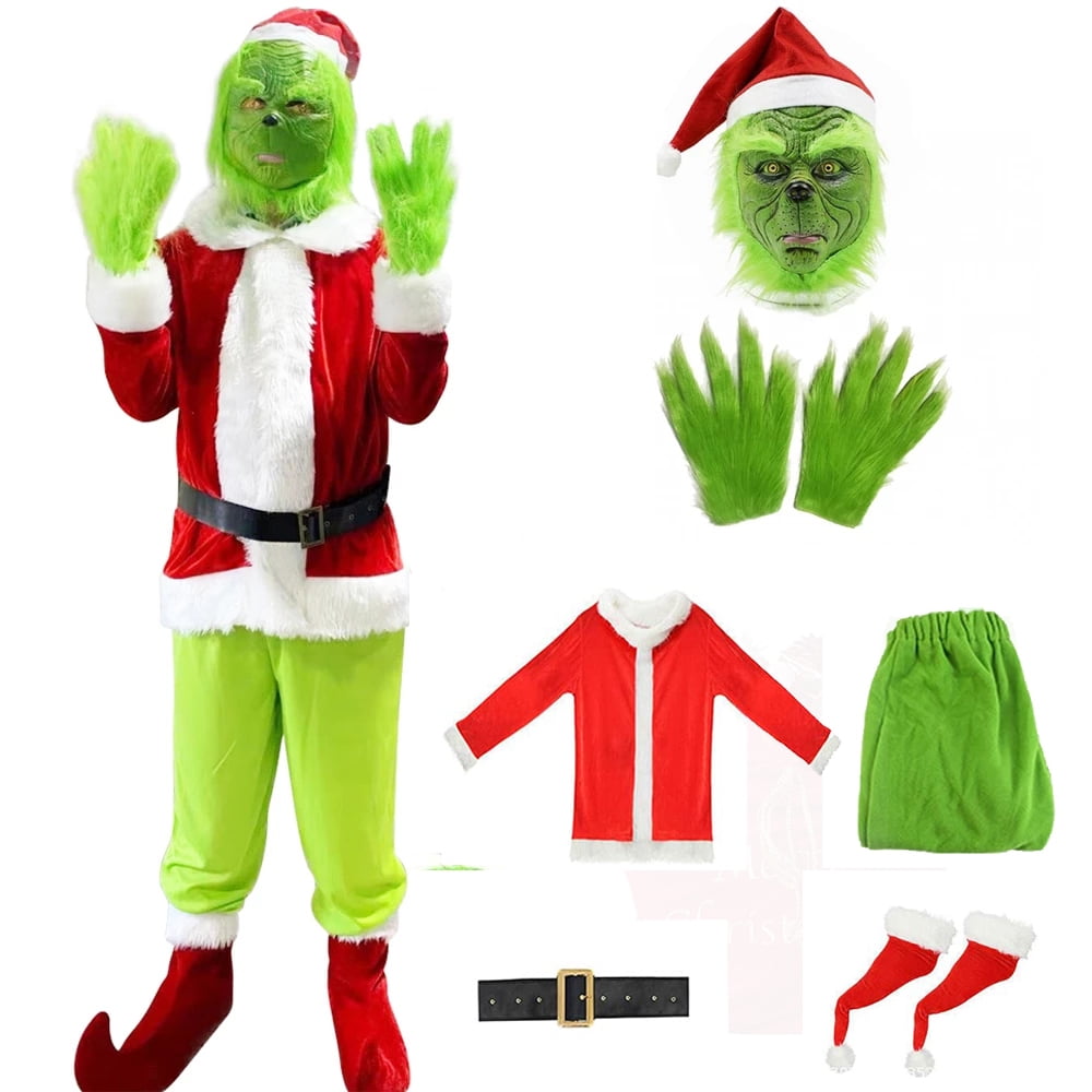 7 Pieces Grinch Costumes Adult Halloween Costumes Santa Claus Suit Men ...