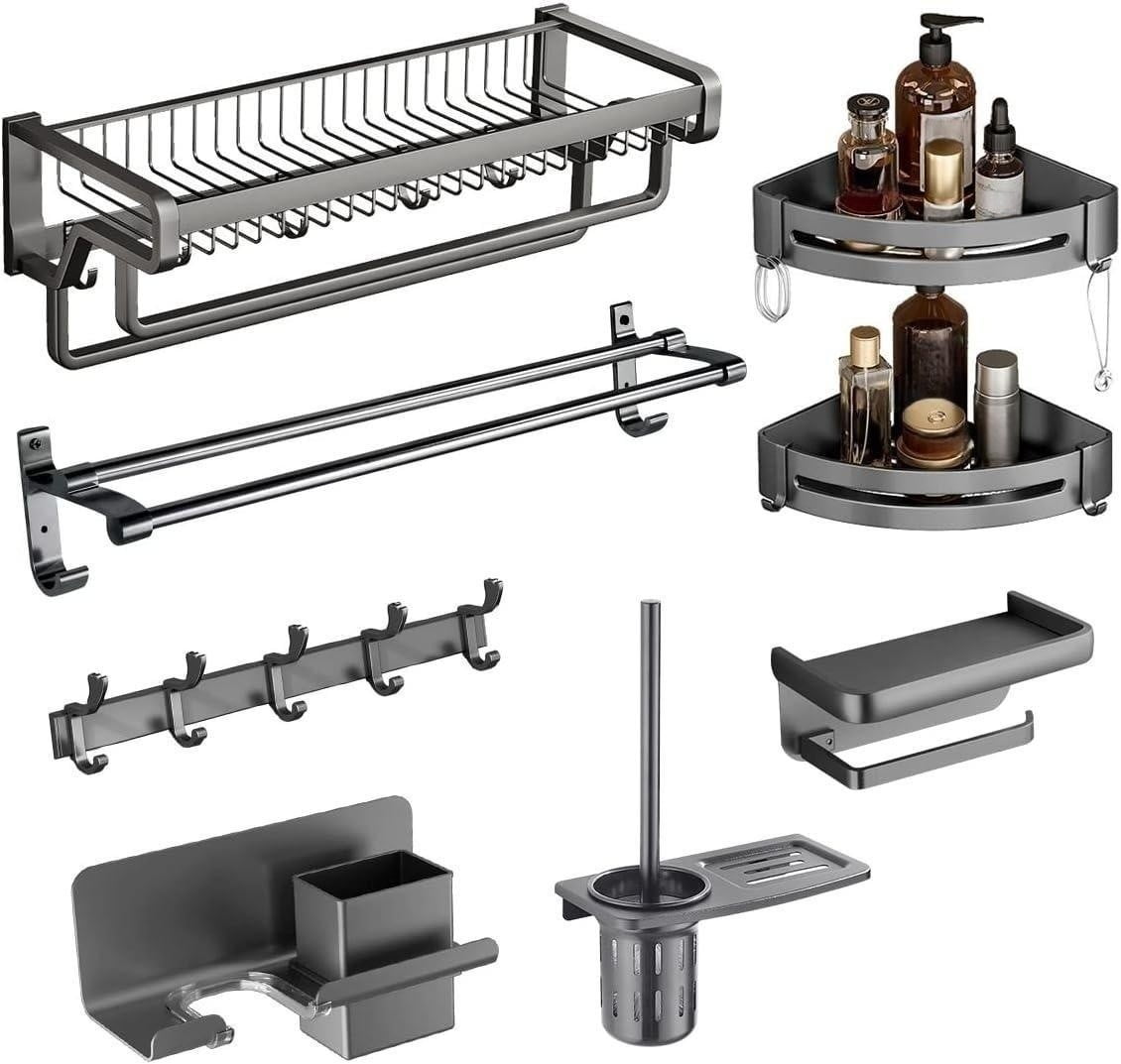 7 Pieces Gunmetal Grey Bathroom Accessories Set 24" Wall Mounted Towel Shelf with Towel Bar