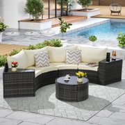 7 Pieces Half-Moon Outdoor Patio Furniture Set, Rattan Patio Conversation Set with Coffee Table & 2 Sofa Side Table for Backyard, Beige