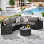 7 Pieces Half-Moon Outdoor Patio Furniture Set, Rattan Patio Conversation Set with Coffee Table & 2 Sofa Side Table for Backyard, Gray