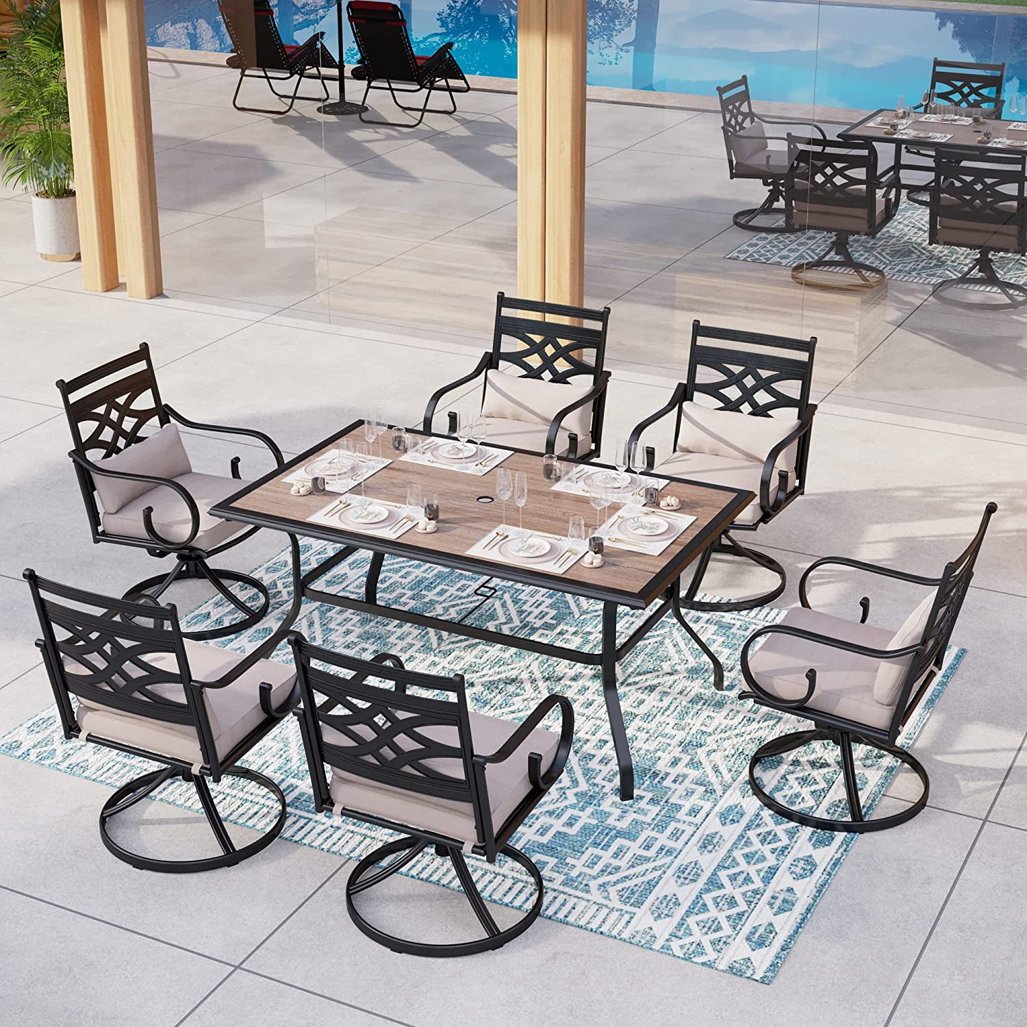 7 Pieces Heavy Duty Metal Patio Dining Sets with 6 Swivel Chairs