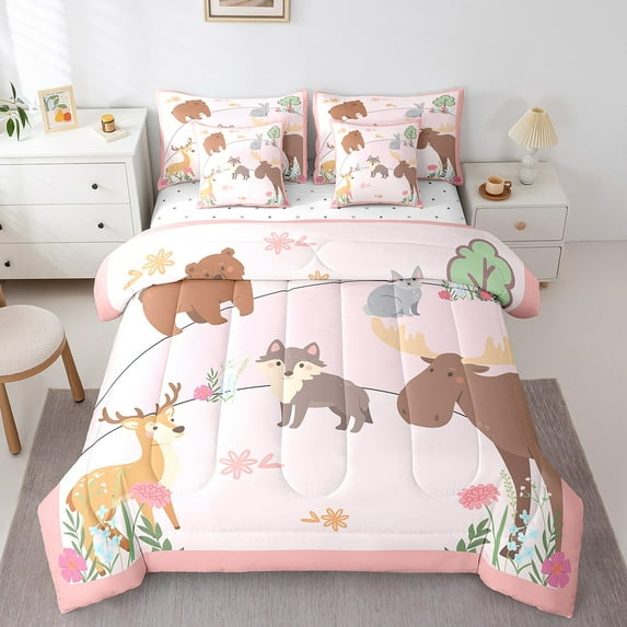 7 Pieces Bedding Queen Size Woodland Animal Comforter Set Nursery Teen Gifts Decor, Cartoon Bear Deer Fox Rabbit Print Bedding Comforter Sets with Sheets