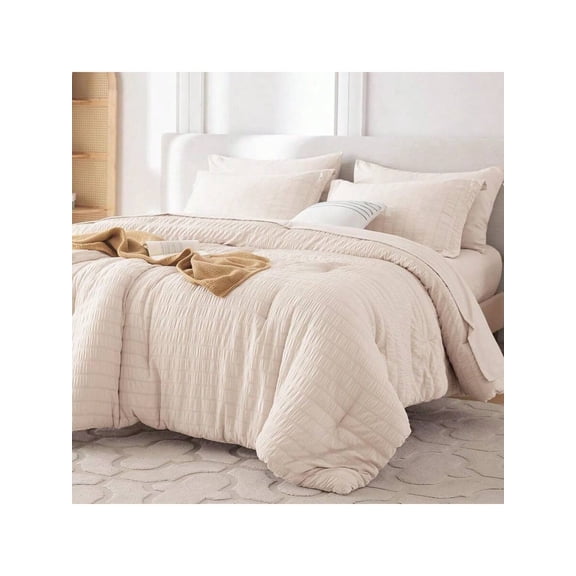 7 Pieces King Comforter Set Seersucker Bed In A Bag King Size All Season Luxury Bedding Set With Comforter Flat Sheet Fitted Sheet Pillowcases Shams Beige
