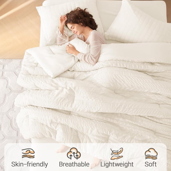 7 Pieces King Comforter Set Seersucker Bed in a Bag All Season Luxury Ivory