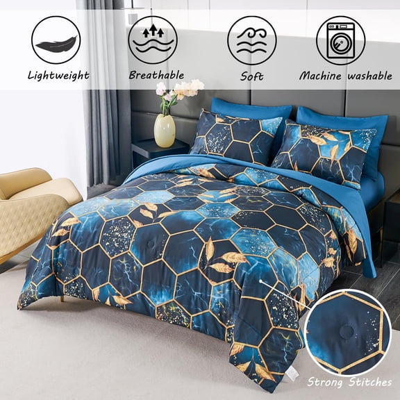 7 Pieces King Comforter Set with Sheets Drak Blue Geometric  Bed Set Lightweight Gold Trim Print Marble King Size Quilt Set for Women Men(Royal Blue, King)