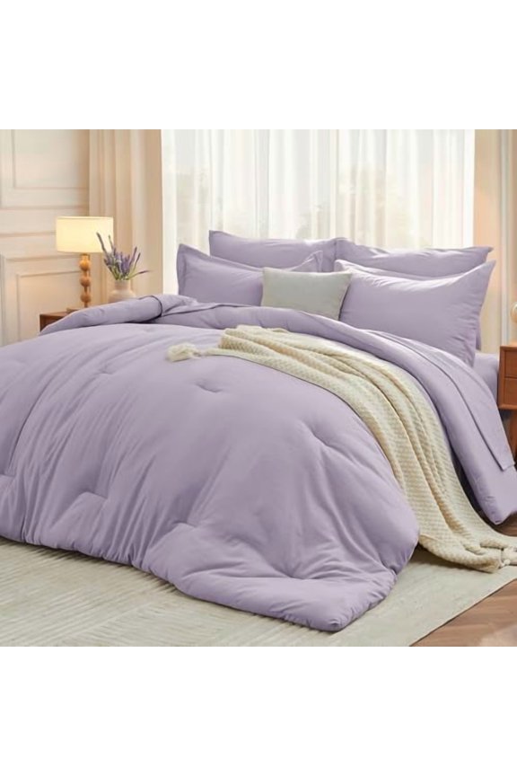 7 Pieces King Comforter Set, Soft Bed in a Bag King Size, All Season Bedding Set with Comforter, Flat Sheet, Fitted Sheet, Pillowcases & Shams, Lavender