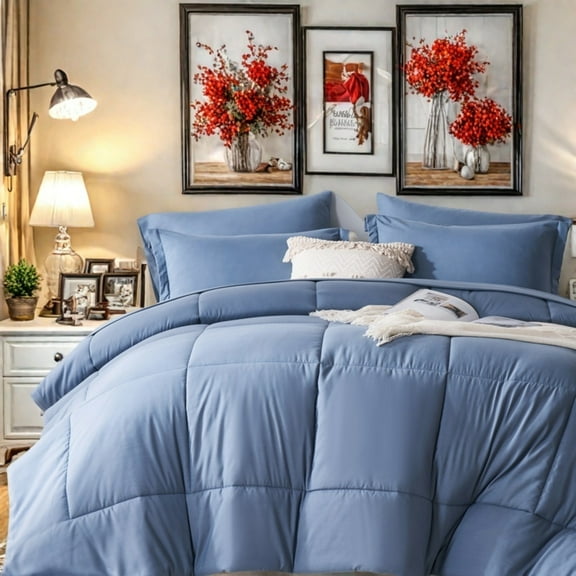 7 Pieces King Lightweight Solid Blue Comforter Set for All Seasons, Soft & Comfortable Bed in a Bag Set for Student/friends, A Cloud-Like Sleeping Space Bedding Set