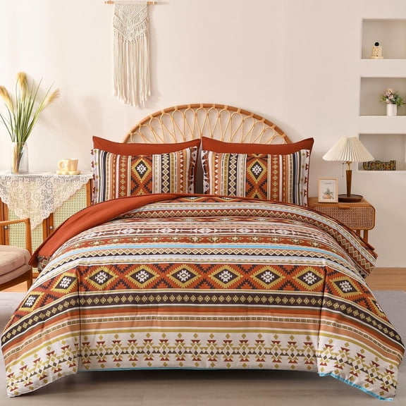 7 Pieces King Size Boho Bedding Set, Brown Coffee Aztec Geometric Striped Patchwork Design, All Season Complete Bed Set 90"×104"