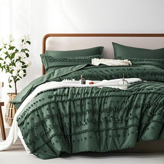 7 Pieces King Size Comforter Set, Dark Green Bed in a Bag Tufted Boho Shabby Chic Comforter and Sheet Set, Soft Microfiber Lightweight Bedding Set for All Season (Dark Green, King)