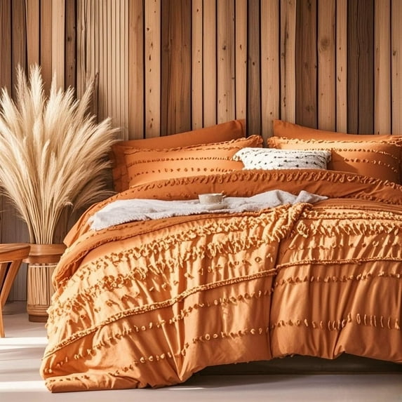 7 Pieces King Size Comforter Set, Pumpkin Tufted Boho Shabby Chic Bed in a Bag Comforter and Sheet Set, Soft Microfiber Lightweight Bedding Set