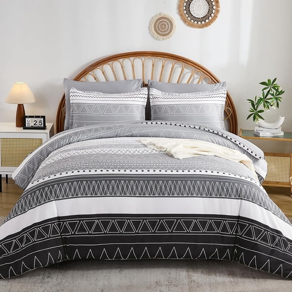 7 Pieces King Size Grey White Geometric Boho Striped Bedding Set, Soft Microfiber All Season Complete Bed Kit with Sheets and Pillowcases