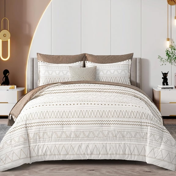 7 Pieces King Size Grey White Geometric Boho Striped Bedding Set, Soft Microfiber All Season Complete Bed Kit with Sheets and Pillowcases