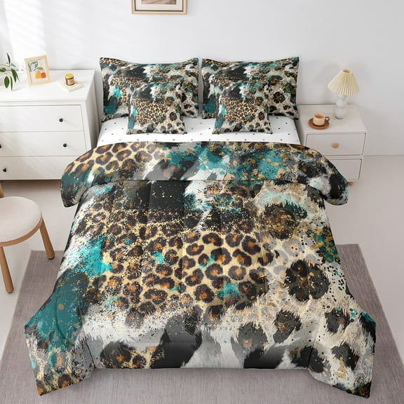 7 Pieces King Size Leopard Print Comforter Set,Black White Cow Texture Abstract Animals Bedding Set,Rustic Farmhouse(Comforter+Fitted+Flat Sheet+2 Pillowcases+2 Throw Pillow Covers