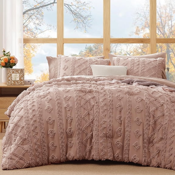 7 Pieces King Size Rusty Pink Tufted Shabby Chic Bedding Set, Complete Bed Kit with Comforter, Sheets and Pillow Covers