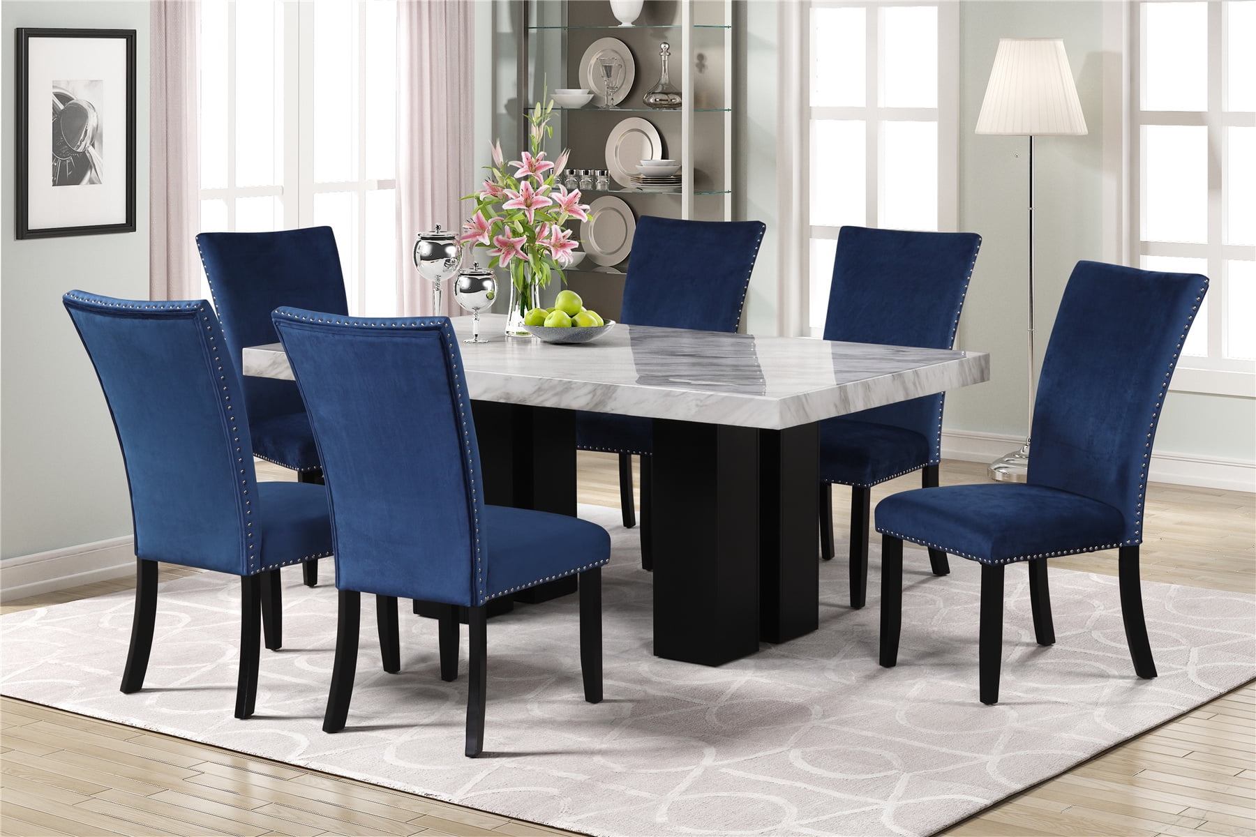 7 Pieces Kitchen Counter Height Table Set Faux Marble Dining