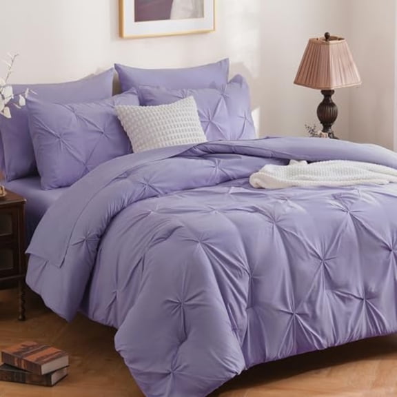 7 Pieces Lavender Purple King Size Comforter Set Pintuck Pinch Pleat Bed in a Bag Soft Microfiber All Season Bedding Set for Bedroom with Sheets Pillowcases and Shams