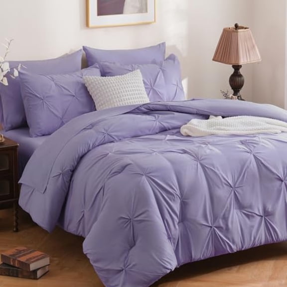 7 Pieces Lavender Purple King Size Comforter Set Pintuck Pinch Pleat Bed in a Bag Soft Microfiber All Season Bedding Set for Bedroom with Sheets Pillowcases Shams