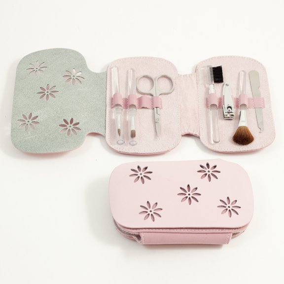 7 Pieces Manicure Set with Small Clipper, File, Scissor and 4 Makeup Brushes in Pink Leather & Ultra Sued Case.