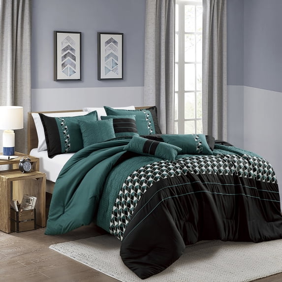 7-Pieces Matisoon Black and Green Comforter Set, Embroidery Geometric Bedding Set - Queen Size