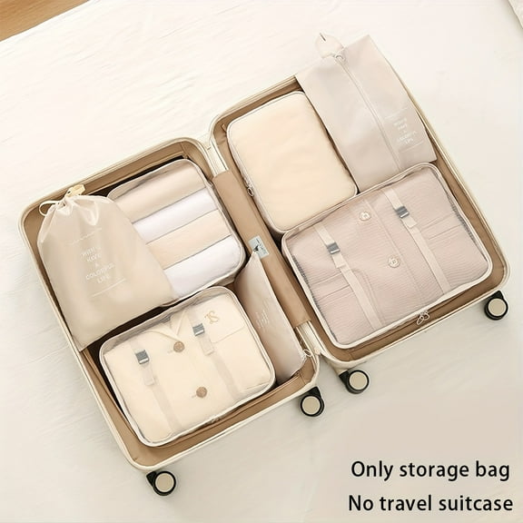 7 Pieces Mesh Packing Cubes for Travel, large-Luggage Packing Organizers Bags Set, Travel Essentials Suitcases Accessories with Laundry Bag, Storage Shoe Bag, Clothing Underwear Bag(Beige)