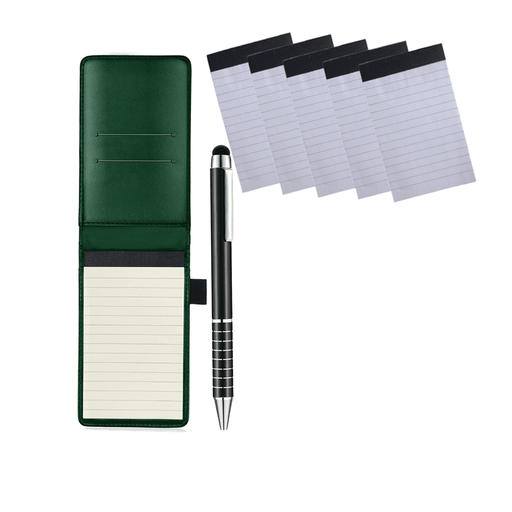 7 Pieces Mini Pocket Notepad Holder Set, Included Mini Pocket Notepad Holder with 50 Lined Sheets, Metal Pen and 5 Pieces 3 x 5 Inch Memo Book Refills, 30 Lined Paper Per Note Pad-Blackish Green
