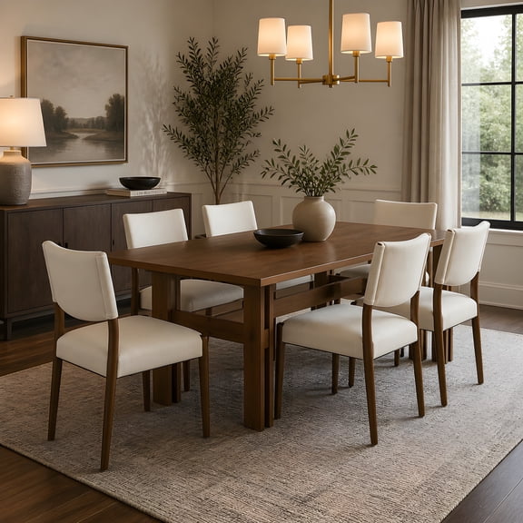 7 Pieces Modern Dining Set, Rustic Farmhouse Solid Wood Kitchen Table Set for 6, 71'' Large Luxury Retro Country Dinner Set with Espresso Chairs, for Dining Room, Kitchen, Walnut