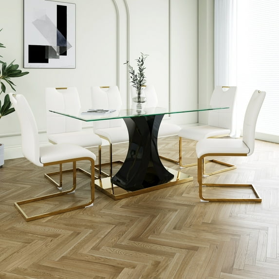 7 Pieces Modern Dining Table Set With Glass Dining Table And U-shaped ...