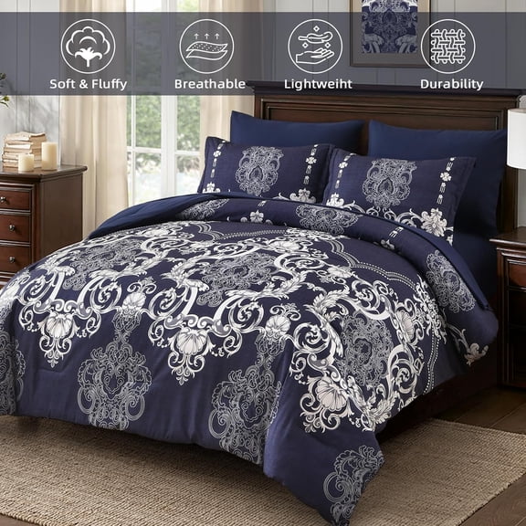 7 Pieces Navy Blue Comforter Set King Size Damask Bed in a Bag Lightweight Microfiber Boho Bedding with Sheets Pillowcases Shams for All Season